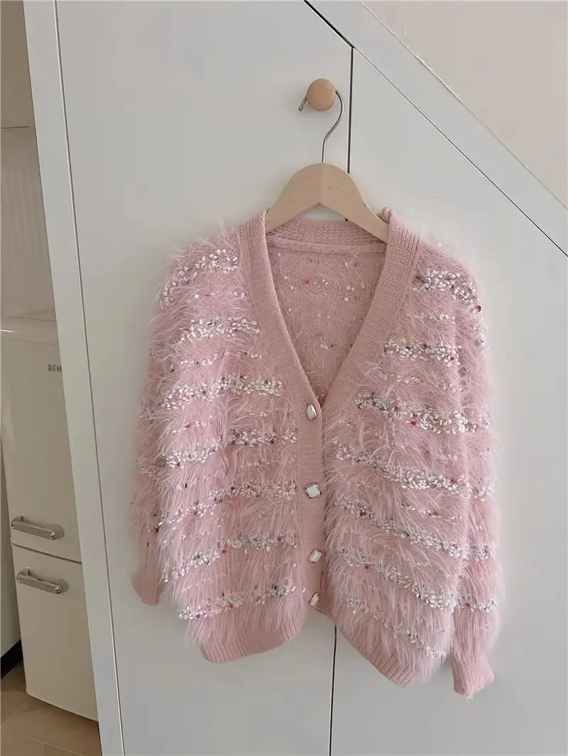 Gaganight Women V neck Small Fragrant Knitted Cardigan 2024 Autumn Winter New Korean Chic Large Sweet Hairy Coat Female Coat image 2