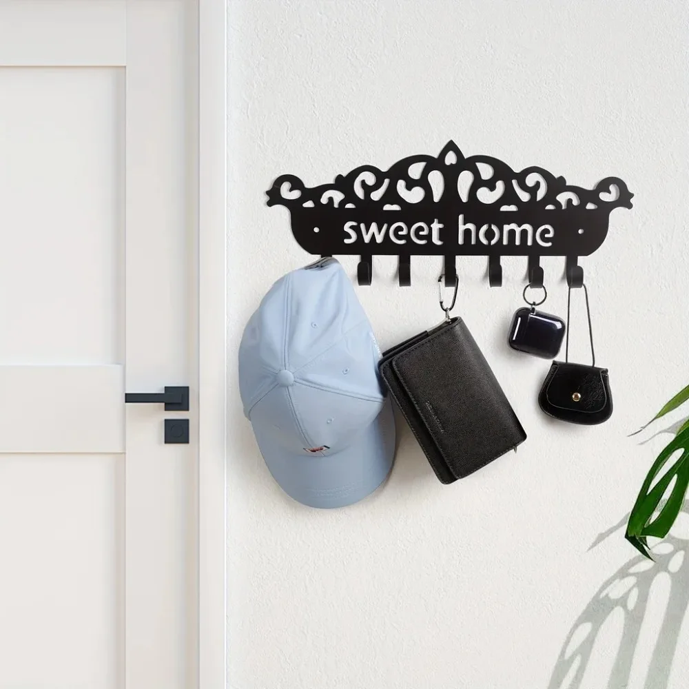 CIFBUY Wall Mounted Key Holder Black Iron Metal Organizer Rack with Row Hooks for Home Entryway Decor