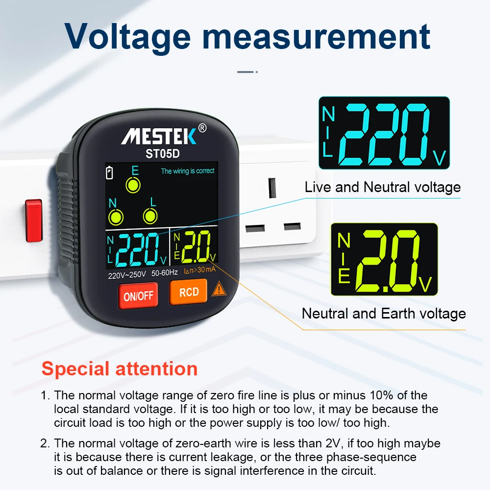 MESTEK Socket Tester US/EU Detector Polarity Phase Pheck Detector Wiring Electroscope Electric Plug Color Screen RCD Safety Test