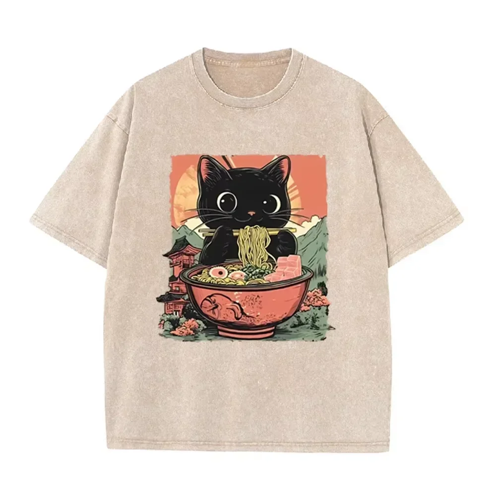 Vintage Washed T Shirt Cute Black Cat Eating Japanese Ramen Ukiyo-e Mountain Print Oversized StreetwearShort SleeveTeeAsian Size