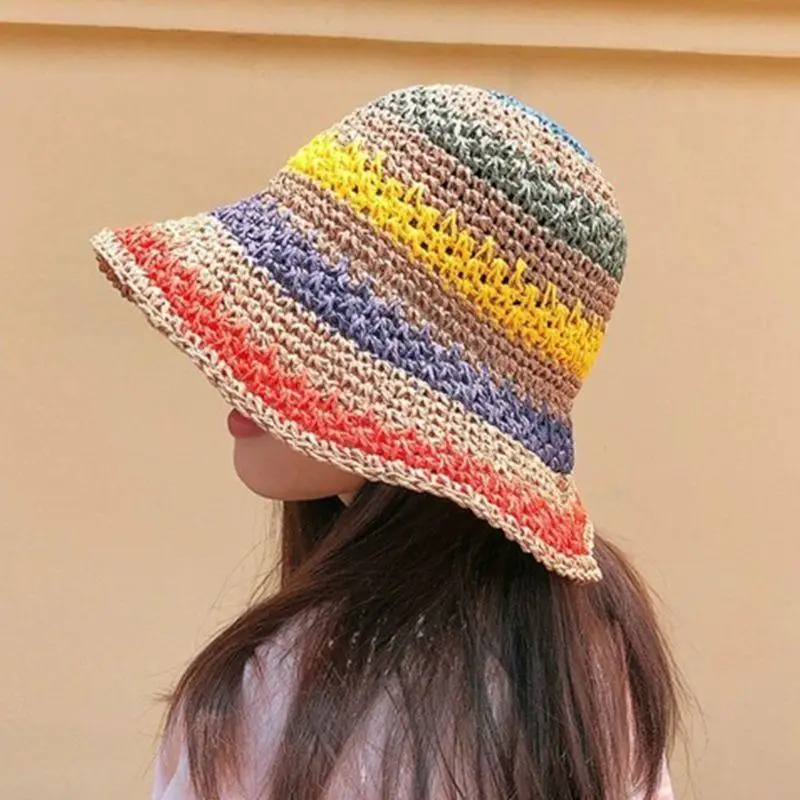 c63c女性キッズ女の子の夏のかぎ針編みの太陽の帽子のためのストロー明るいレインボーカラフルなストライプワイドブリム日焼け止めパッケージバケツ