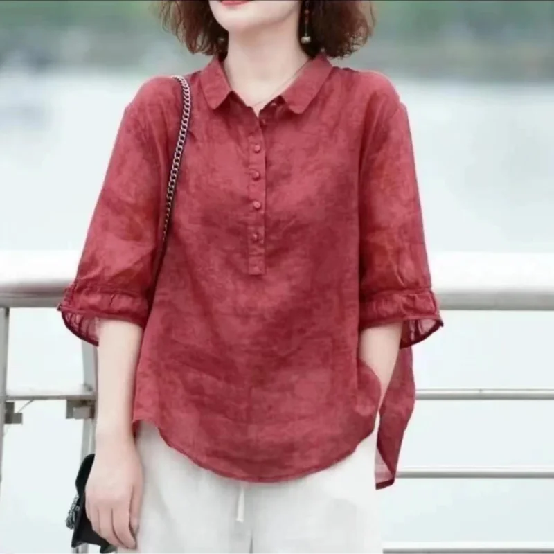 Camisa fina de meia manga feminina, lapela sólida estampada, patchwork de botões, top solto respirável, elegante, moda coreana, novo, verão, 2024