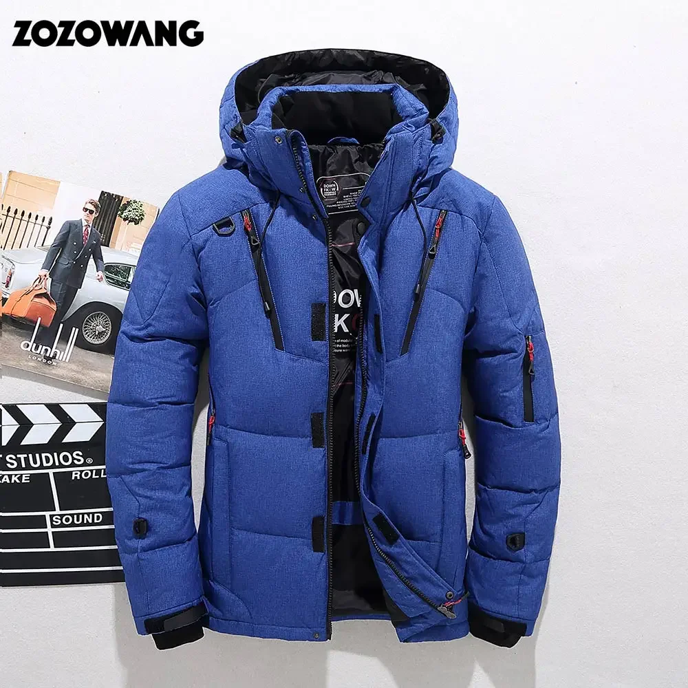 Chaqueta de plumón de pato ZOZOWANG para hombre gruesa con capucha de manga larga azul con cremallera chaqueta de bolsillo de invierno con pluma