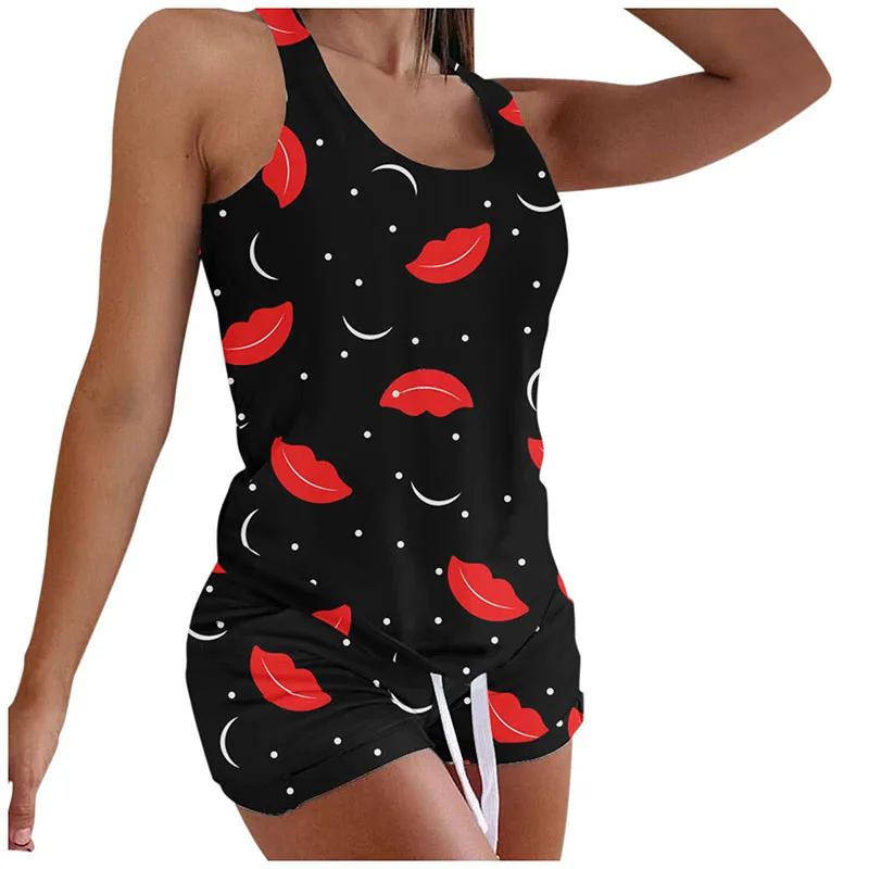 Women\'s Sleepwear Print Sleeveless Cami Shorts Pajamas Home Clothes Sleepwear Set Sexy Stitching Ladies Pajamas Suit