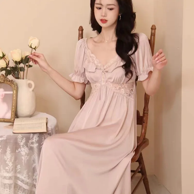 Women\'s Sexy Square Neck Long Nightgown Silk Satin Home Dress Lace Edge Solid Color Chemise Nightdress Loose Casual Sleepwear