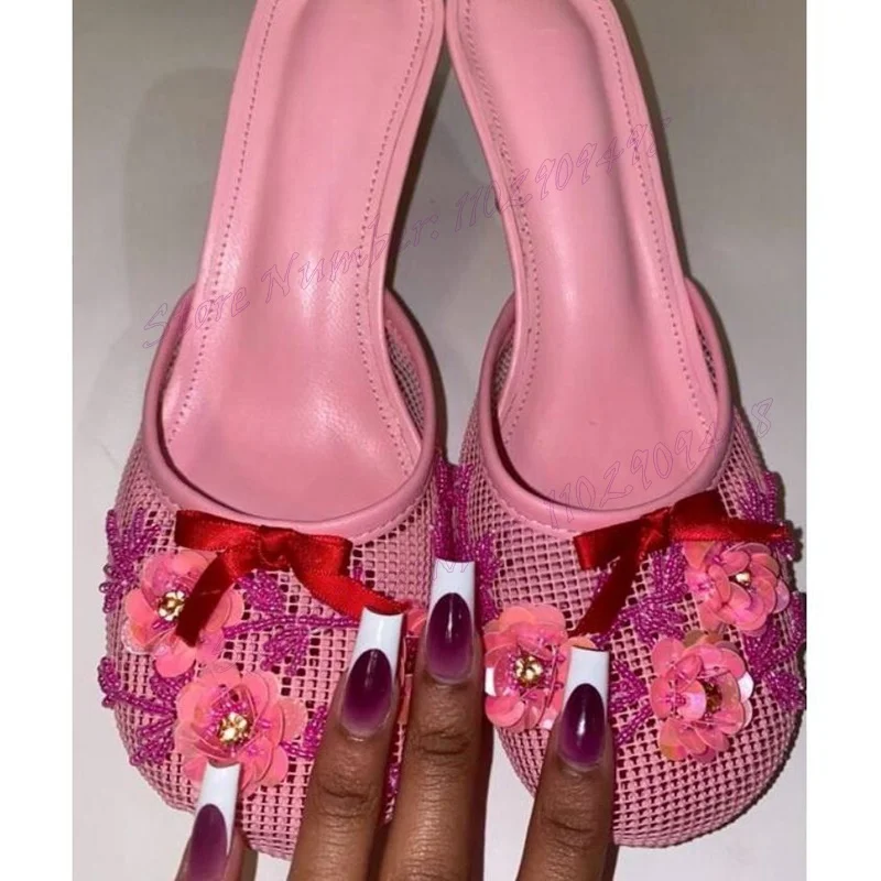 Pink Hollow Out Flower Decor Slippers Round Toe Shoes for Women Cut Heels Stilettos High Heels Shoes 2024 Zapatos Para Mujere