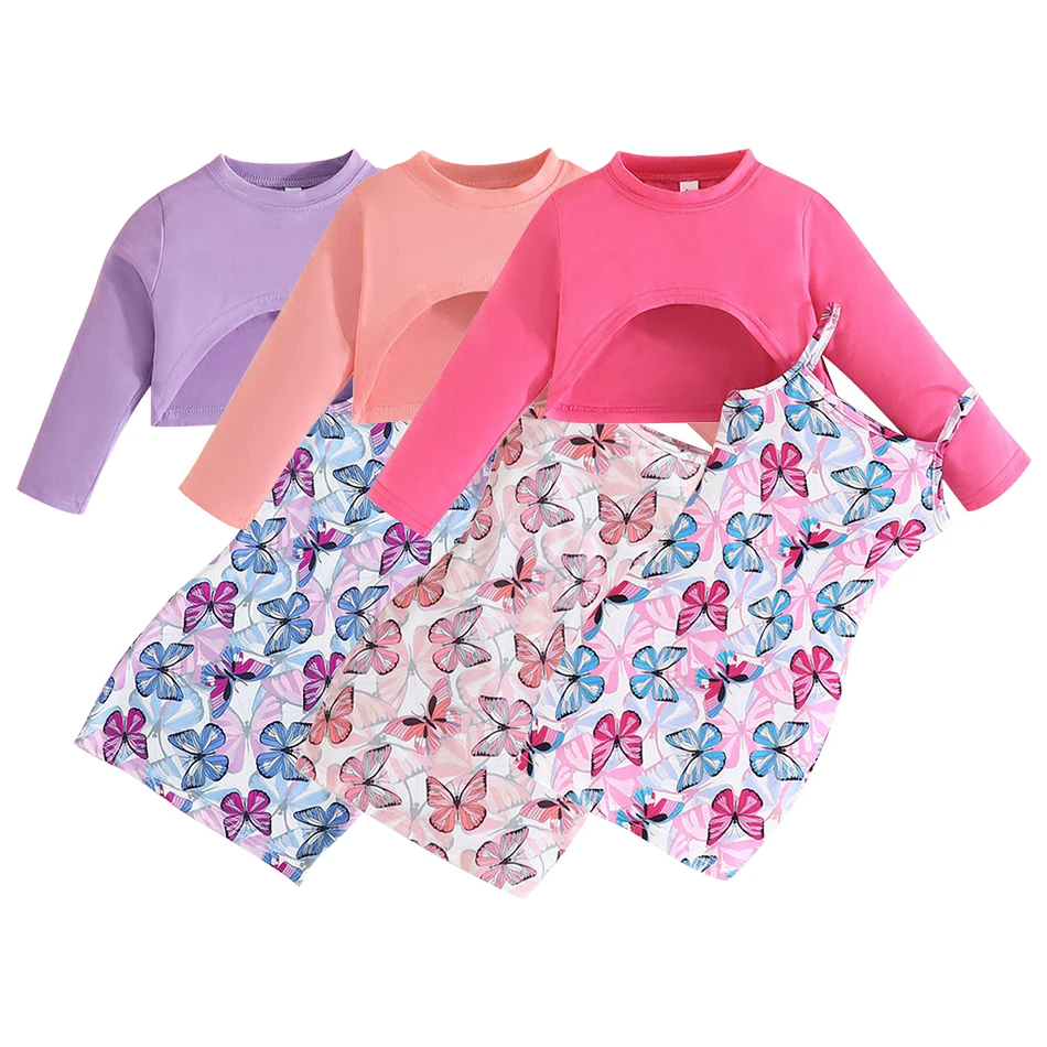 Girls Children Clothing Two-Piece Set with Butterfly Print Dress and Top Comfort and Style Casual Children Sets 2-8 Years Old