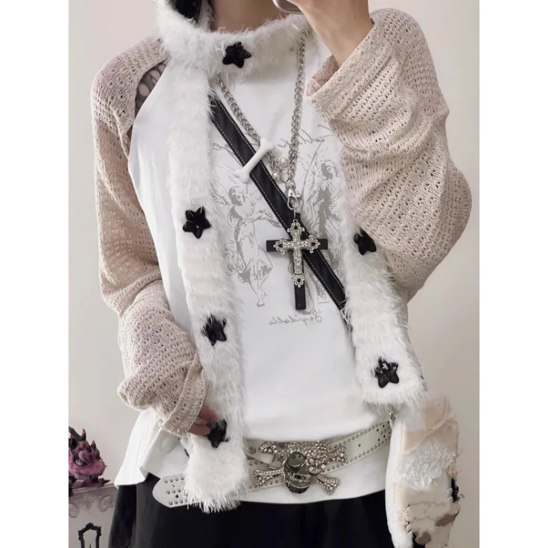 Stars Scarf Knitting Subculture Sweet Cool Autumn Winter 2024 New Scarf Women Y2k Harajuku White Knitted Cosplay Scarves