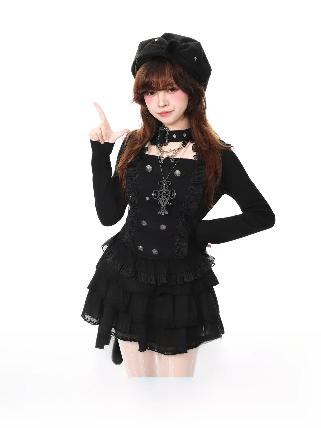 Gothic Dark Series Subculture Women's Short Skirt Top Set Blue Ghost Park Languid Park Autumn Collection Casual Style Cotton ...