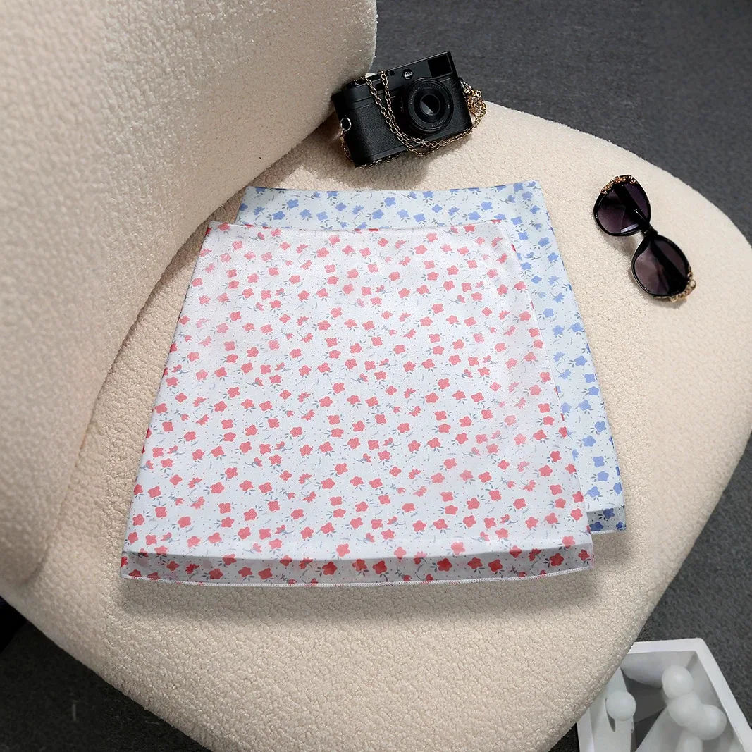 Spice Girl Blue Floral Skirt Women's High Waist Skinny Anti-light A-shaped Skirt