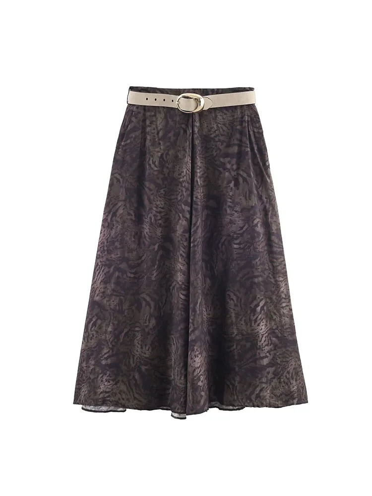 

2025 Women Autumn MIDI Skirts Vintage Print High Waist Belt Zipper Female Elegant Street Loose Skirt Clothing
