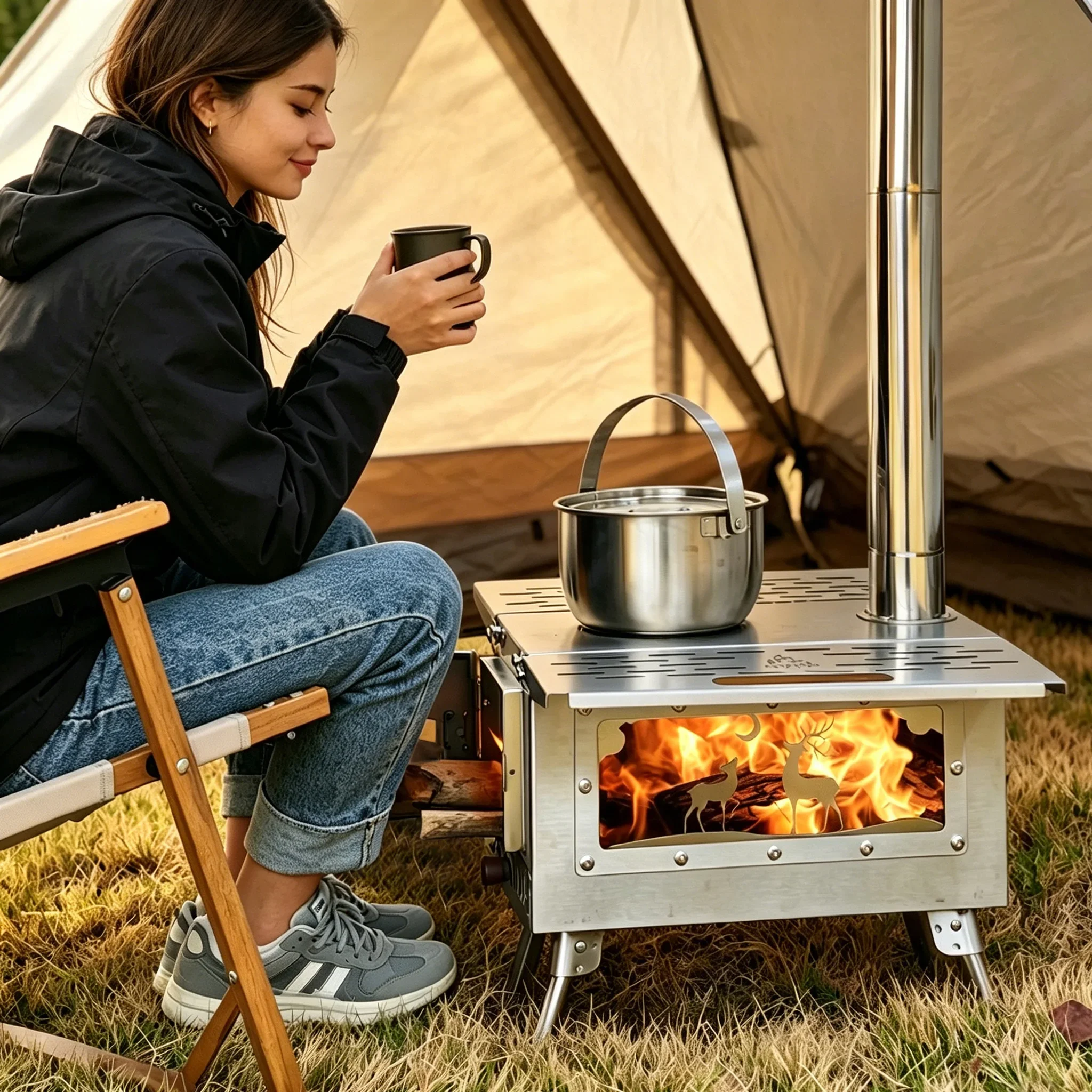Portable Fire Wood Stove Stainless Steel Outdoor Camping Stove with Chimney / Burner for Camping, Cooking, Heating JJ324