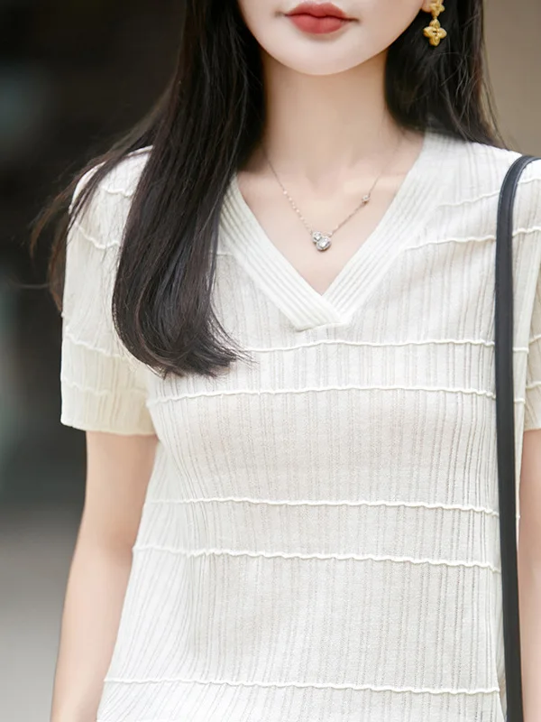 

Loose Fit V-Neck Short Sleeve Knitwear Women's Summer T-Shirt Breathable Lightweight Versatile Fashionable Casual Top