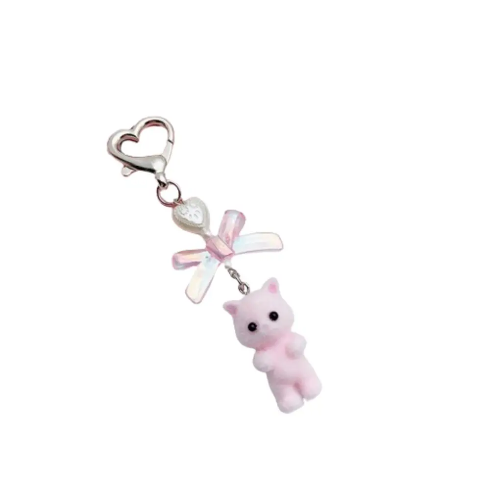 Fashion Cat Pendant Keychain Flocking Cute Heart Bow Shaped Key Ring Cartoon Lovely Animals Pendant Key Chain Girls