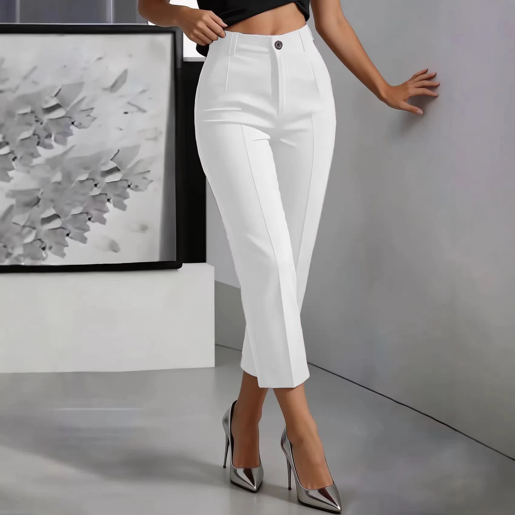 

Slim Fit High Waist Straight Leg Suit Pants Nine Points Casual Trousers for Women Elegant Draped Simple Style Business Pants