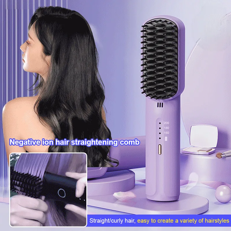 Hair Straightening Comb 2 In 1 Hair Straightener Wireless Negative Ion Straightening Curling Brush