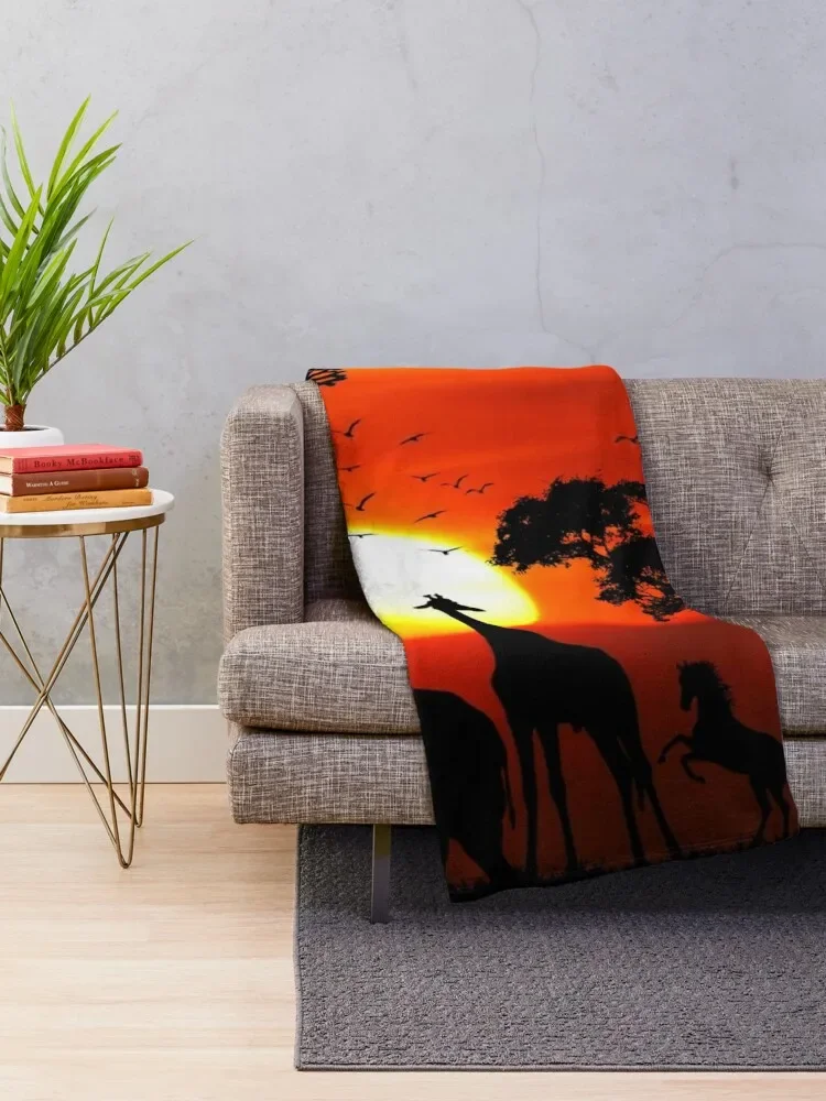 Wild Animals on African Savanna Sunset Throw Blanket Sofa Quilt Picnic Blankets