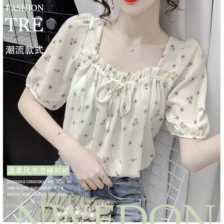 Neue Chiffon-Bluse im koreanischen Stil mit Blumendruck, frisches und raffiniertes, vielseitiges Temperament-Damenoberteil