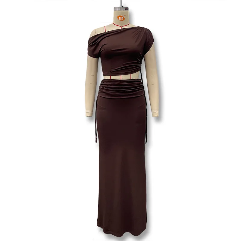 Spring Summer 2025 Women's Pure Color Belted Asymmetrical Shoulder Split Half Skirt Set Fashionable Elegant Female Clothing
