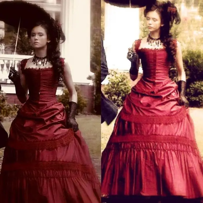 Nina Dobrev in Vampire Diaries vestidos de graduación Burdeos Medieval Civil War gótico victoriano con cordones corsé Steampunk vestido de noche