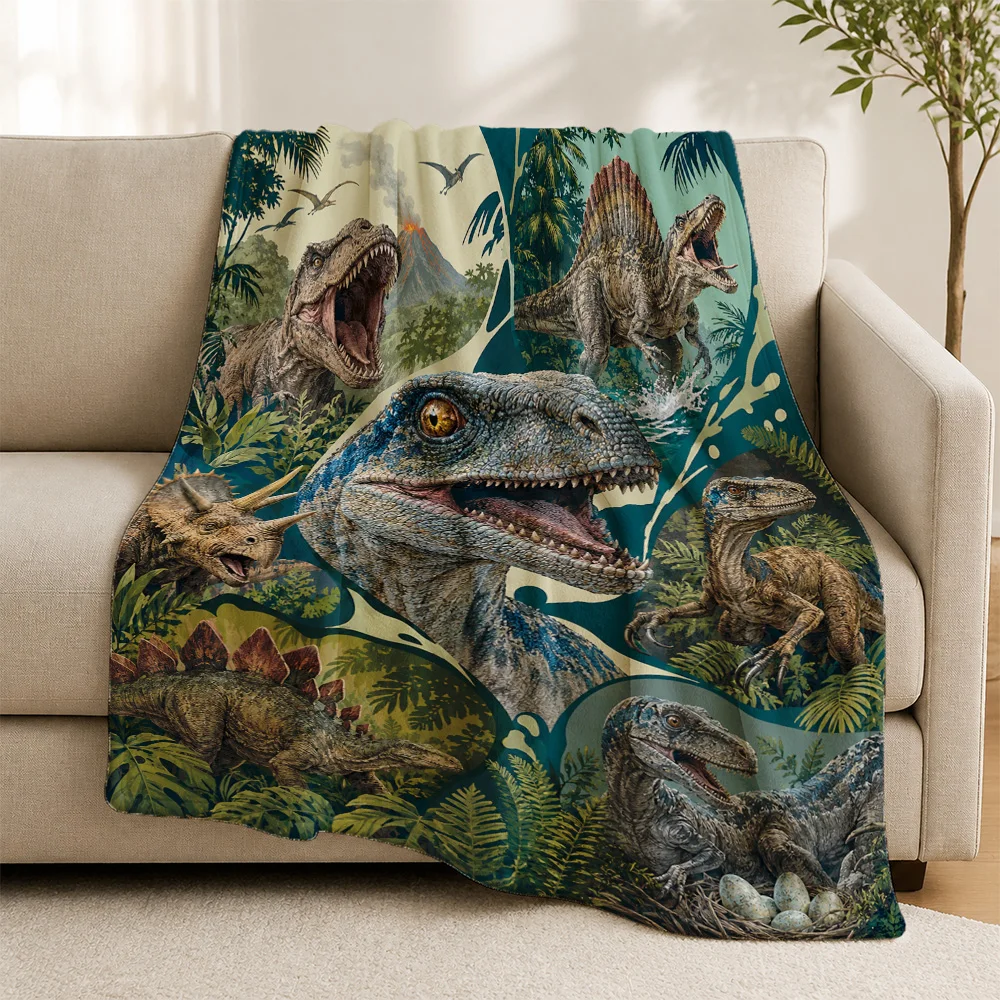 Dinosaur Jurassic Jungle Theme Throw Blanket Sofa Throw Cozy Decor Prehistoric Reptile Print Gift for Kids Love T-Rex Art