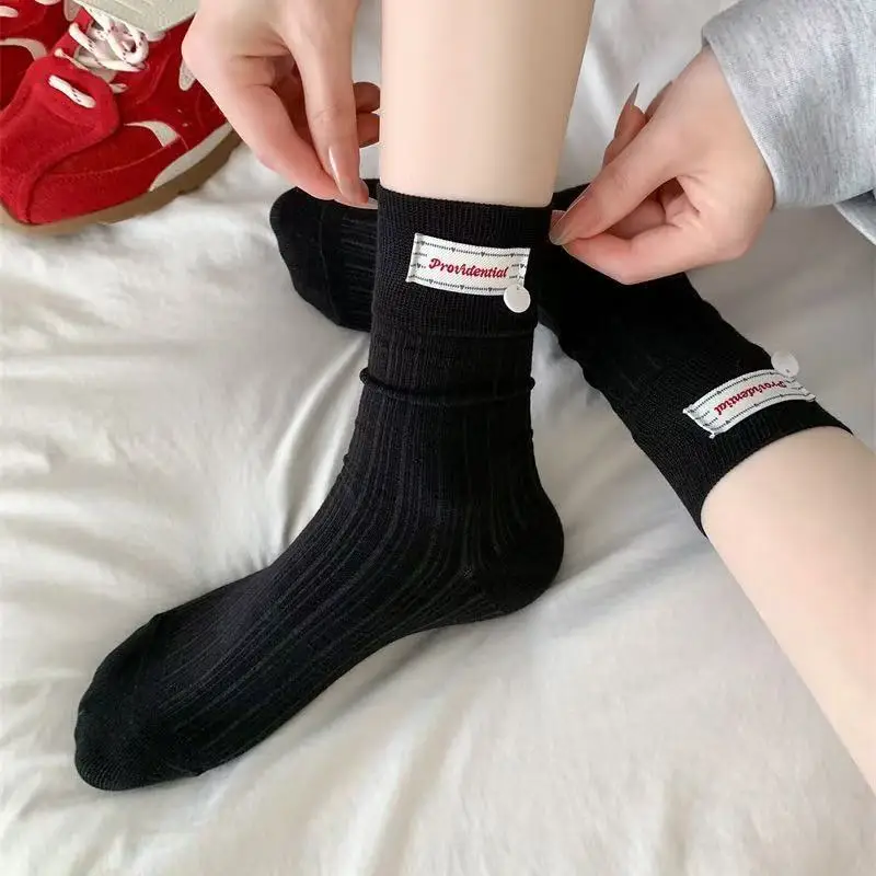 1/3 Pairs Spring Autumn Women Button Label Mid Tube Sock Fashionable Sweet Korean Style Soft Comfortable All Seasons Casual Sock