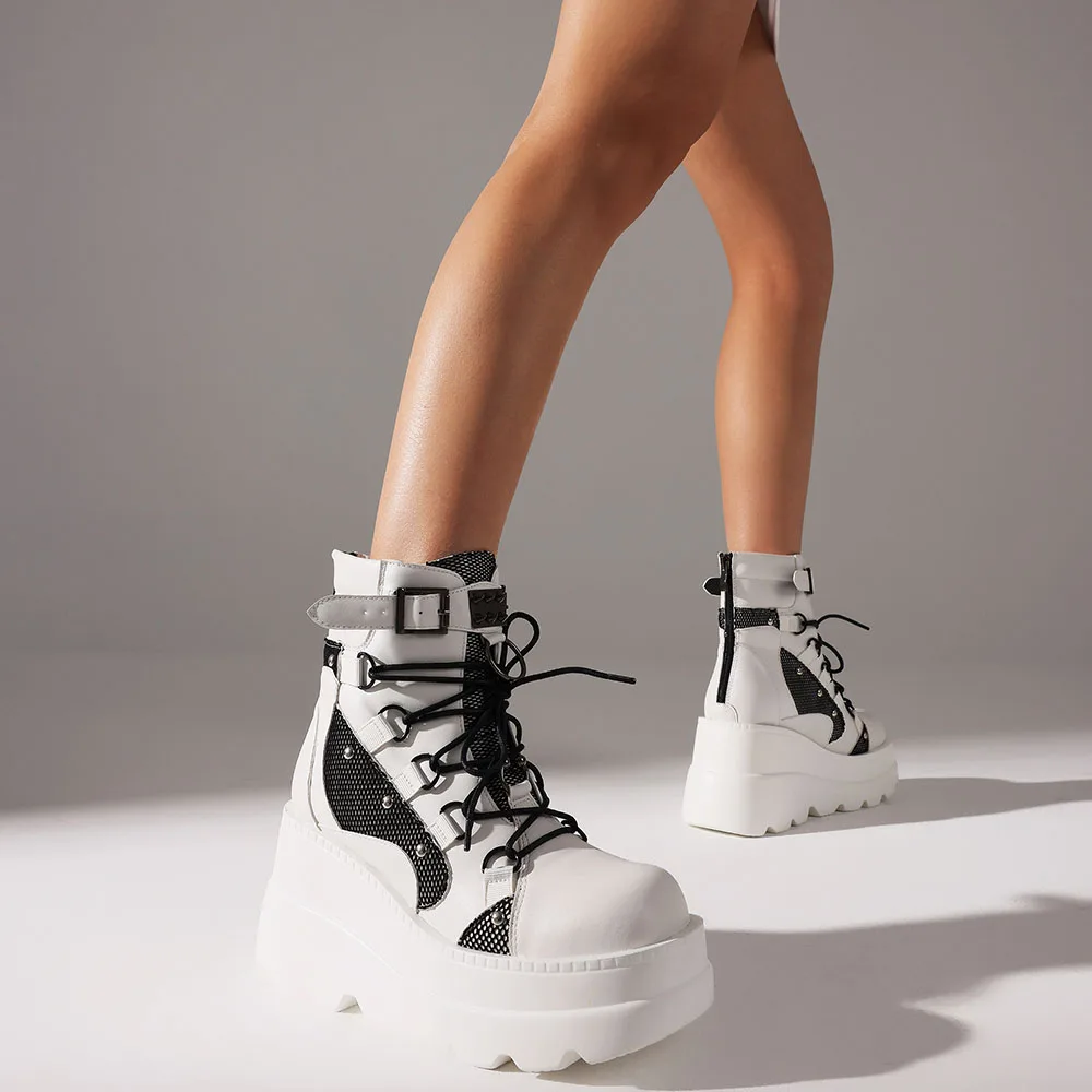 DoraTasia فاسق حذاء من الجلد منصة عودة زيبر مشبك جولة تو الدانتيل متابعة مكتنزة أحذية بكعب عالي مختلط اللون دراجة نارية الأحذية #4