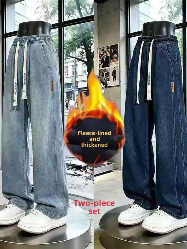 Retro American Washed Fleece Lined Casual Straight Leg Work Jeans Men's Autumn Winter Wide Leg Pants Comfortable Cotton Denim