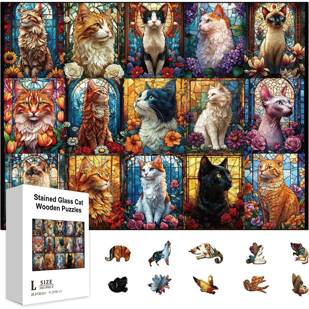 

300Pcs 15 Cats Atlas Wooden Jigsaw Puzzles for Adults 11.22x15.16inch Colorful Cats and Flowers Wood Puzzles for Holidays