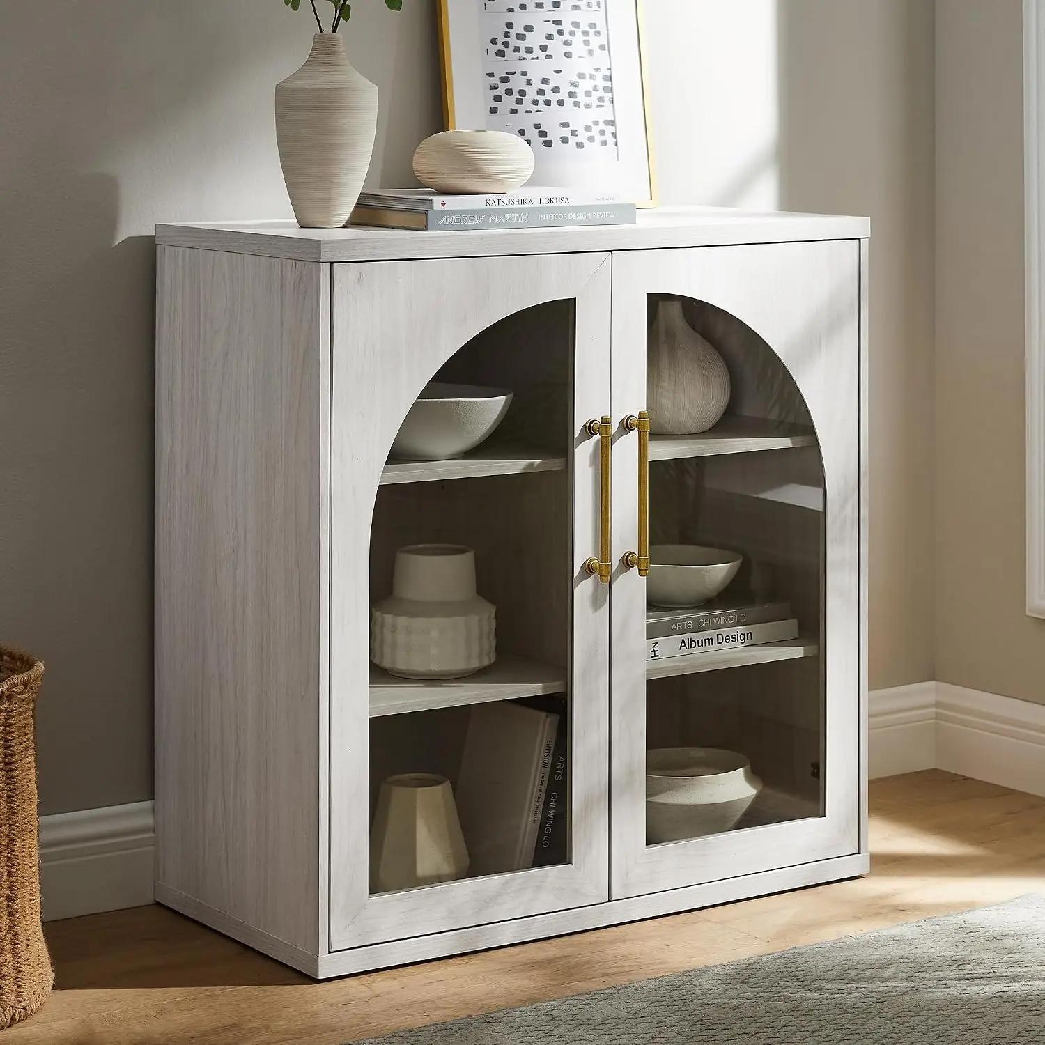 Glass Arched Door Sideboard White Modular Storage Adjustable Shelf Soft Close Freestanding Dining Living Room, Customized