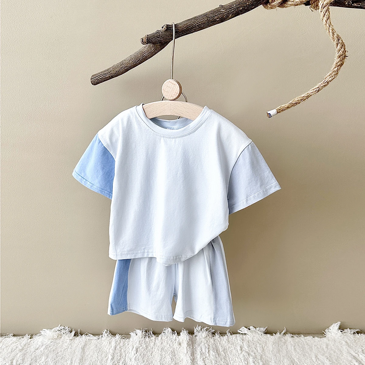 Summer Baby Boy Girl Solid Color Stitching Short Sleeve Top+Shorts Sets Outfits Children Tshirts Pants Suit Cotton Baby Clothes