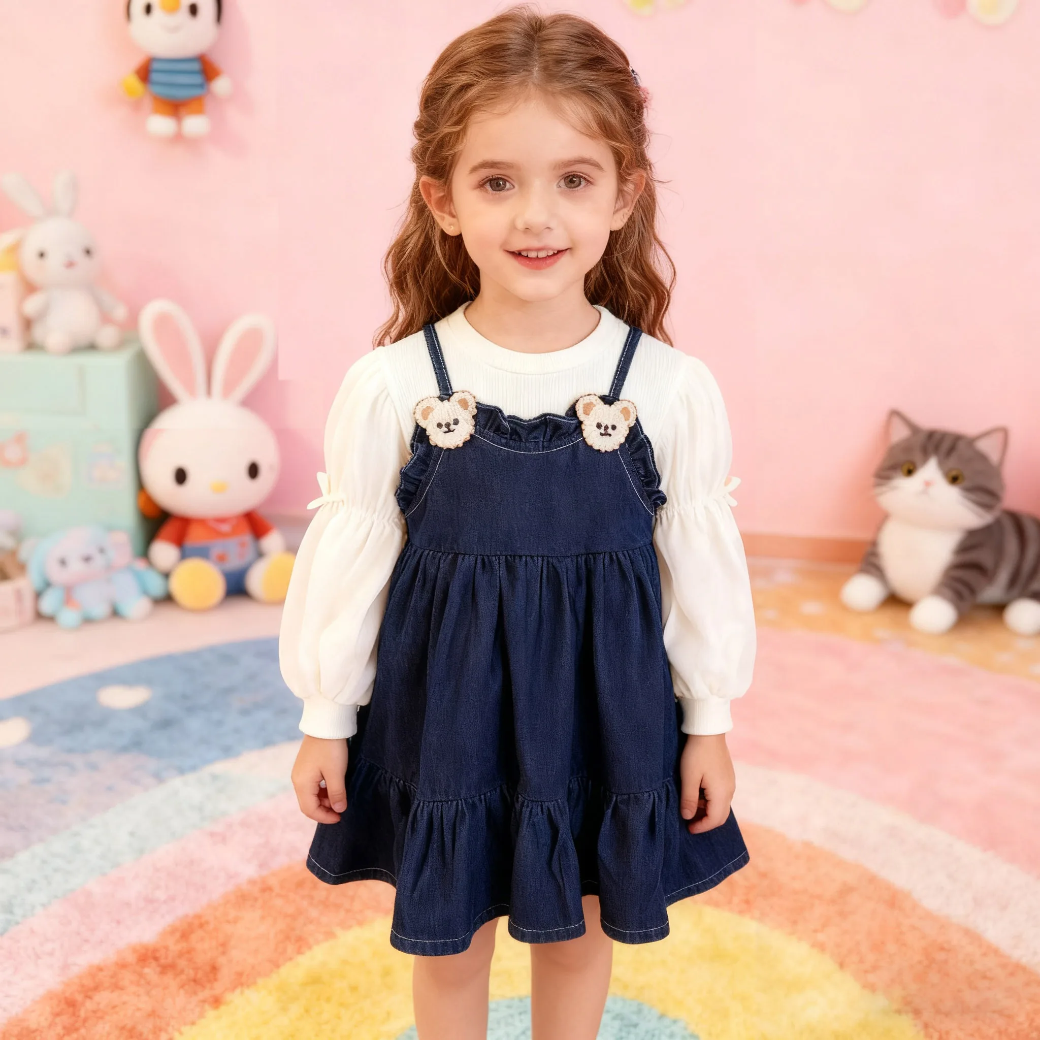 

Girls Fashion long Sleeve Dress Set Bow Suspenders And Skirt Cute Simple Basic Two-Piece Ensemble for Children clothing sets