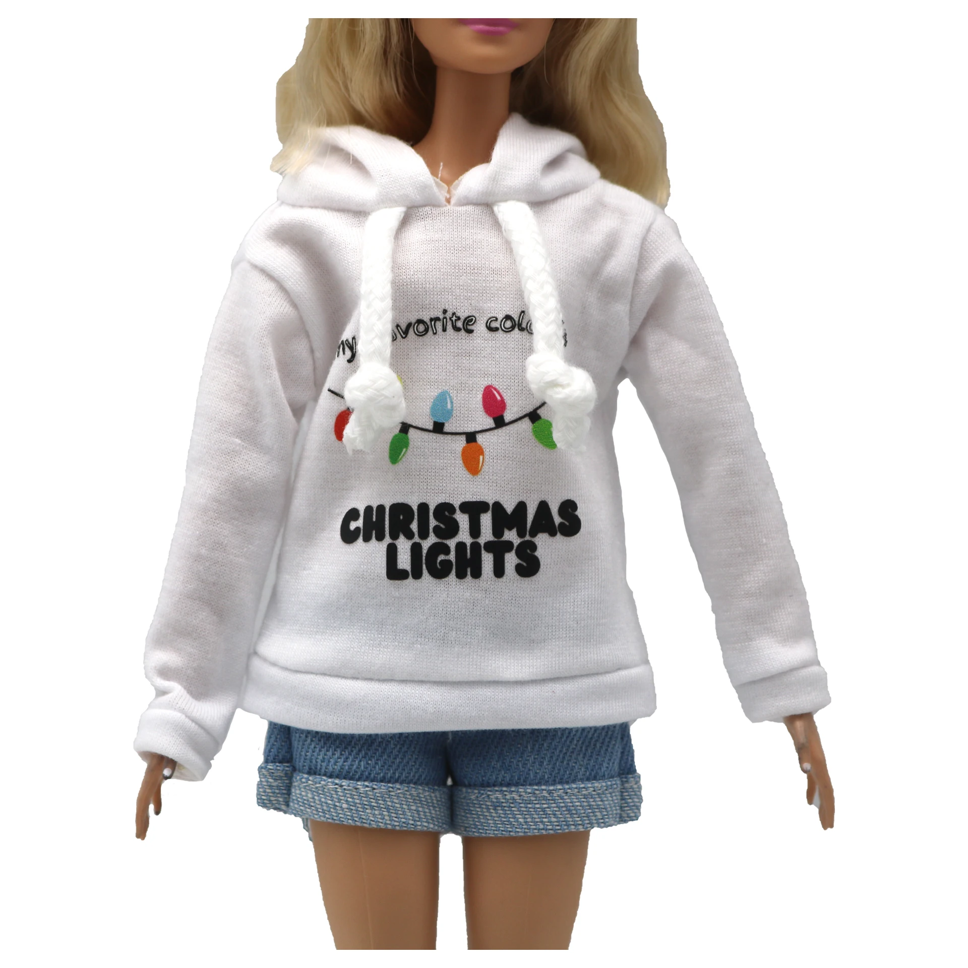 New 30cm 1/6 Doll jeans shorts long sleeves Christmas lights themed hoodie set Daily Wear Clothes for Barbies doll Accessories
