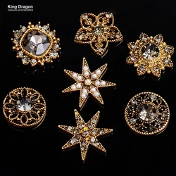 King Dragon Glass Rhinestone Star Flower Embellishment Button Used On Decoration 21MM 5PCS/Lot Flat Back Antique Gold Color