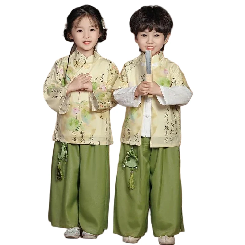 Kids Ancient Chinese Tang Suit Hanfu Vinatge Traditional Dance Perform Costume Boy And Girl Martial Arts Student Uniform Cosplay