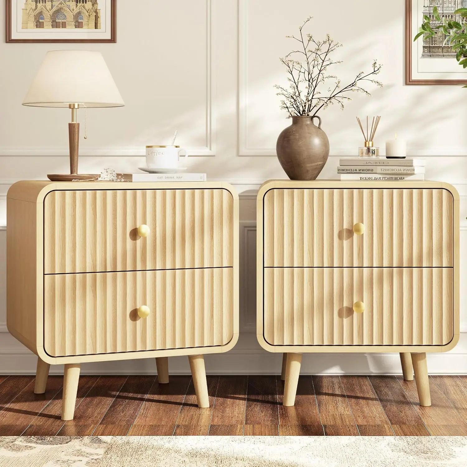 

Fluted Nightstands Set of 2 with 2 Drawers, 19.7'' Wide Wood End Table with Curved Profile Design, Mordern Beside Table with Met