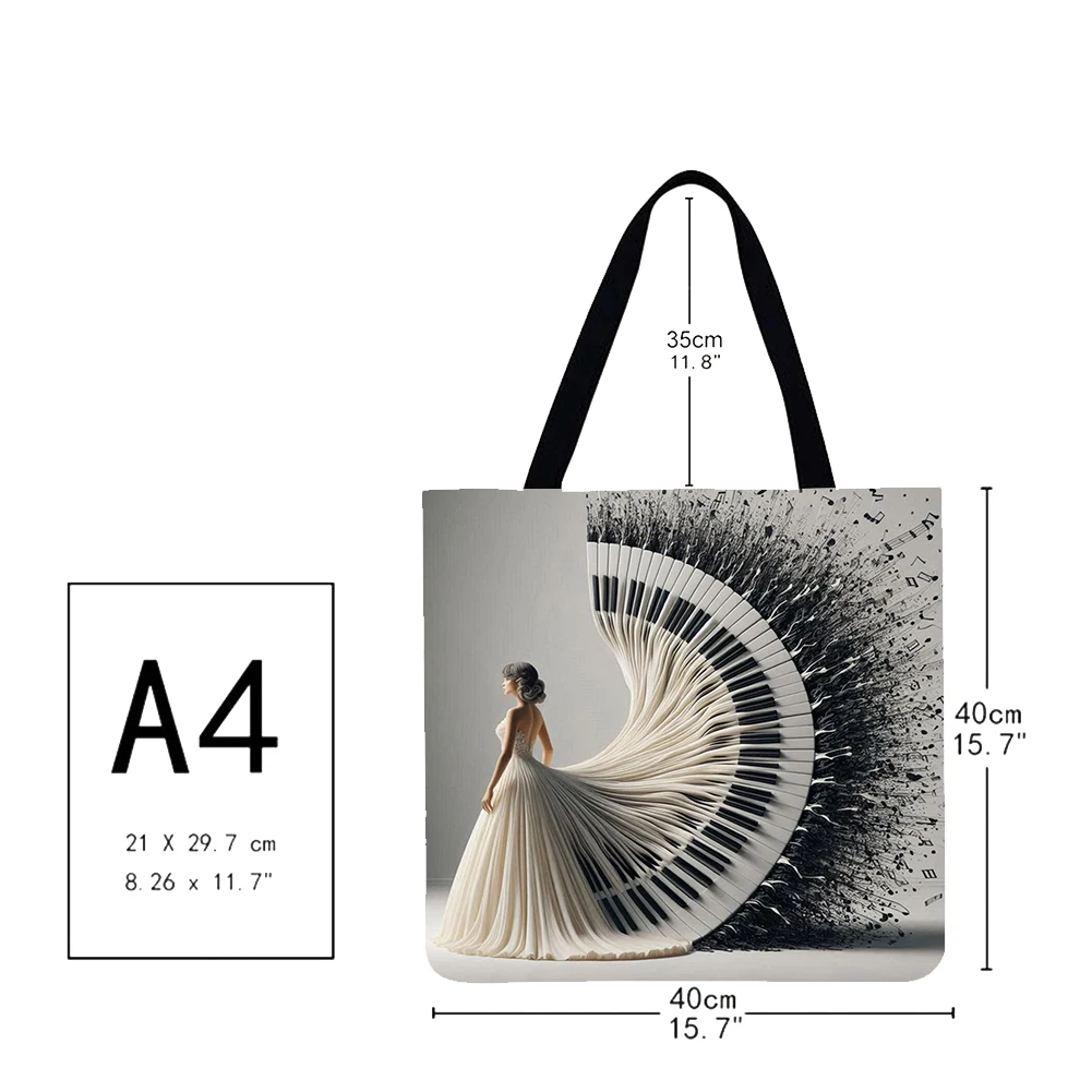 4pcs Piano Girl Large Capacity Linen Tote Bag