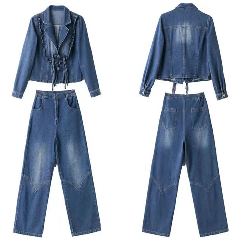 New Fashion damski jeansowe spodnie z szerokimi nogawkami garnitur jesienne casualowe krótka kurtka dżinsowa jeansy dwa wieloczęściowe kombinezony