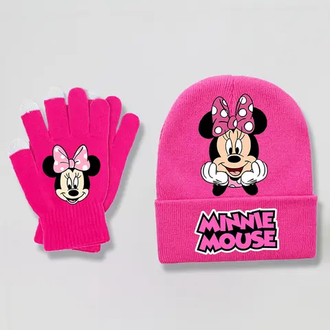 Minnie Mouse Girl Beanies Gloves Set Cute Cartoon Print Knitted Caps Mittens Kits Children Winter Warm Hat Knitting Gloves