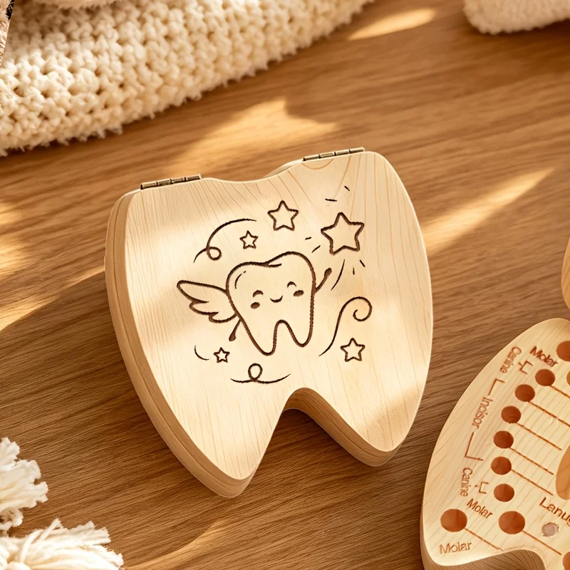 1PCS Tooth-Shaped 2D Wooden Tooth Fairy Keepsake Box 