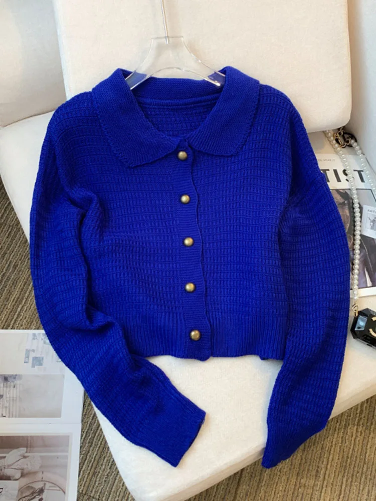 French Elegance Solid Long Sleeve Knitted Tops Women Fashion Peter Pan Collar Slim Sweater Autumn 2024 Button Design Cardigan