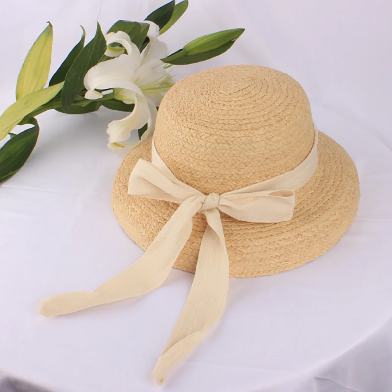 Summer raffia straw hat ladies fashion handmade flat sun hat and white black ribbon tie sun hat beach hat sun hat  panama hat