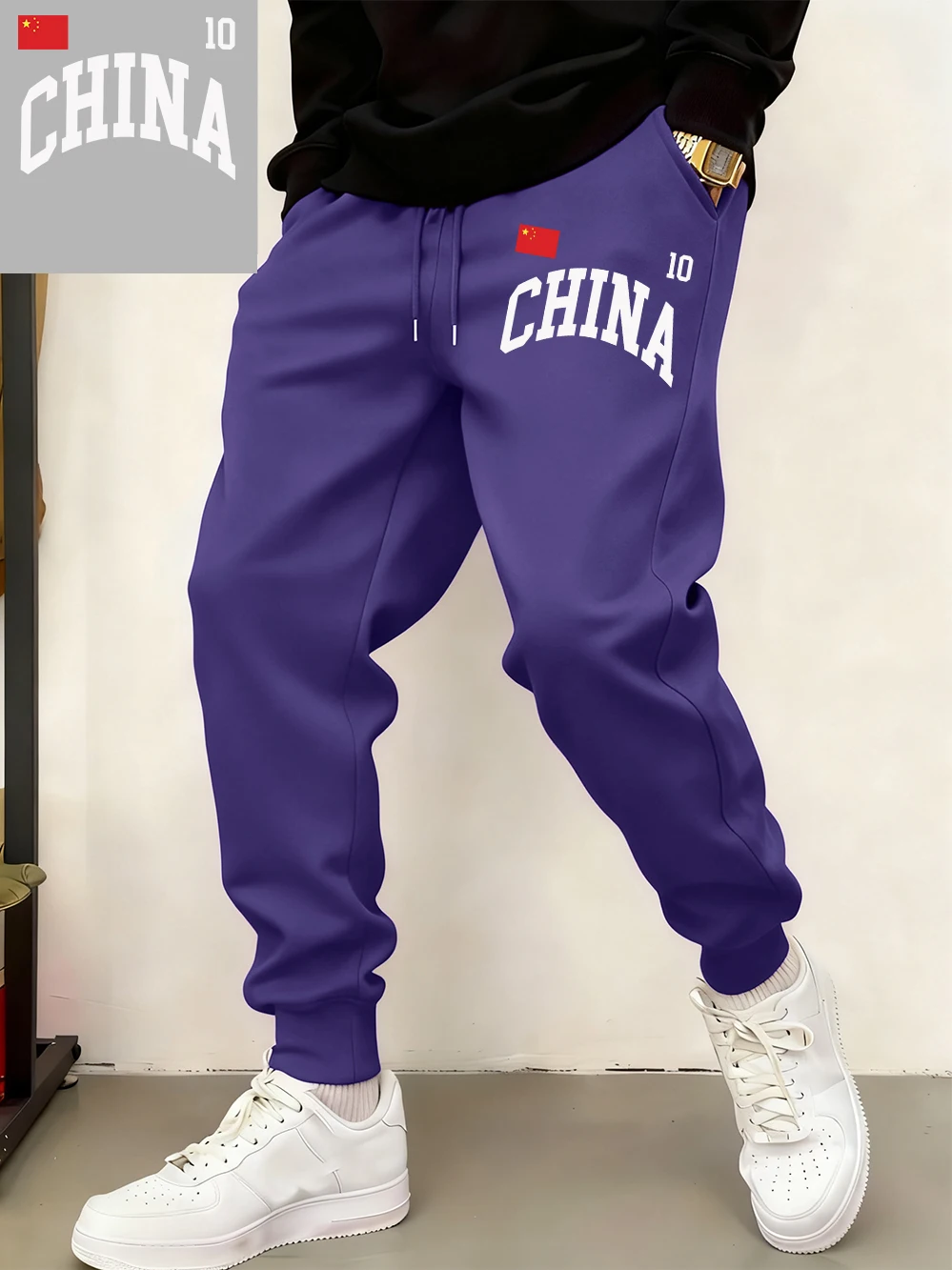 

China Flag Prints Sweatpants Mens Winter Fleece Warm Jogger Pants Basics Pocket Elastic Waist Trousers Casual Loose Male Clothes