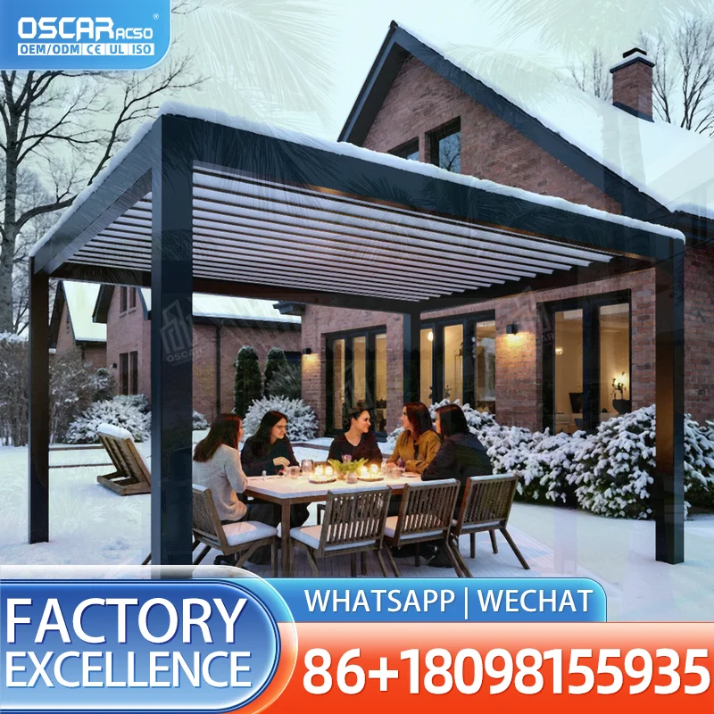 Modern Motorized Pergola Retractable Louver Roof Bioclimatic Garden Shelter with Adjustable Zip Screen for Patio Villa Backyard