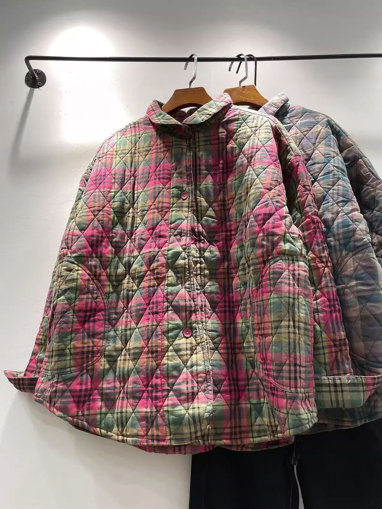 

Женская одежда больших размеров Bust 118 см, винтажная хлопковая стеганая клетчатая верхняя одежда, теплая толстая хлопковая стеганая куртка в клетку