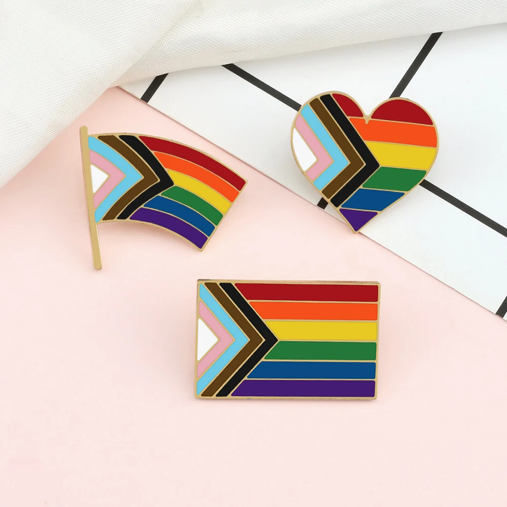 Progress Pride Enamel Pin LGBTQ Signal Rainbow Flag Heart Brooch Gay Lesbian Lapel Pins Custom Bag Denim Badge Men Jewelry Gifts