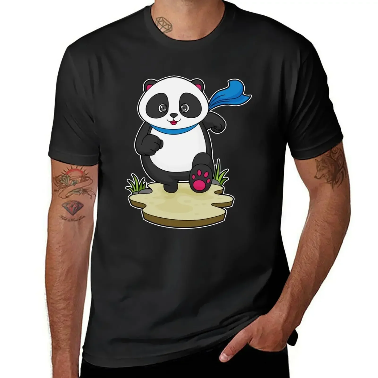 Panda as Runner with Scarf T-Shirt funnys Short sleeve tee oversized t shirts for menHigh Quality 100%Cotton Short Sleeve