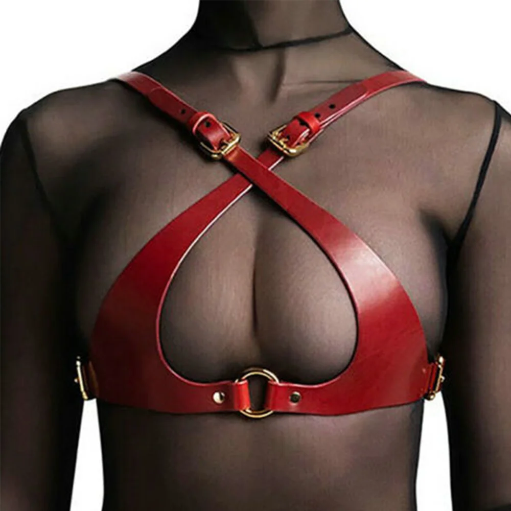 2PCS Red Sexy Women\'s Leather Harness Bra Adjustable Punk Bra Cross Bondage Corset Strap Body Bondage Strap Belt Suit Set