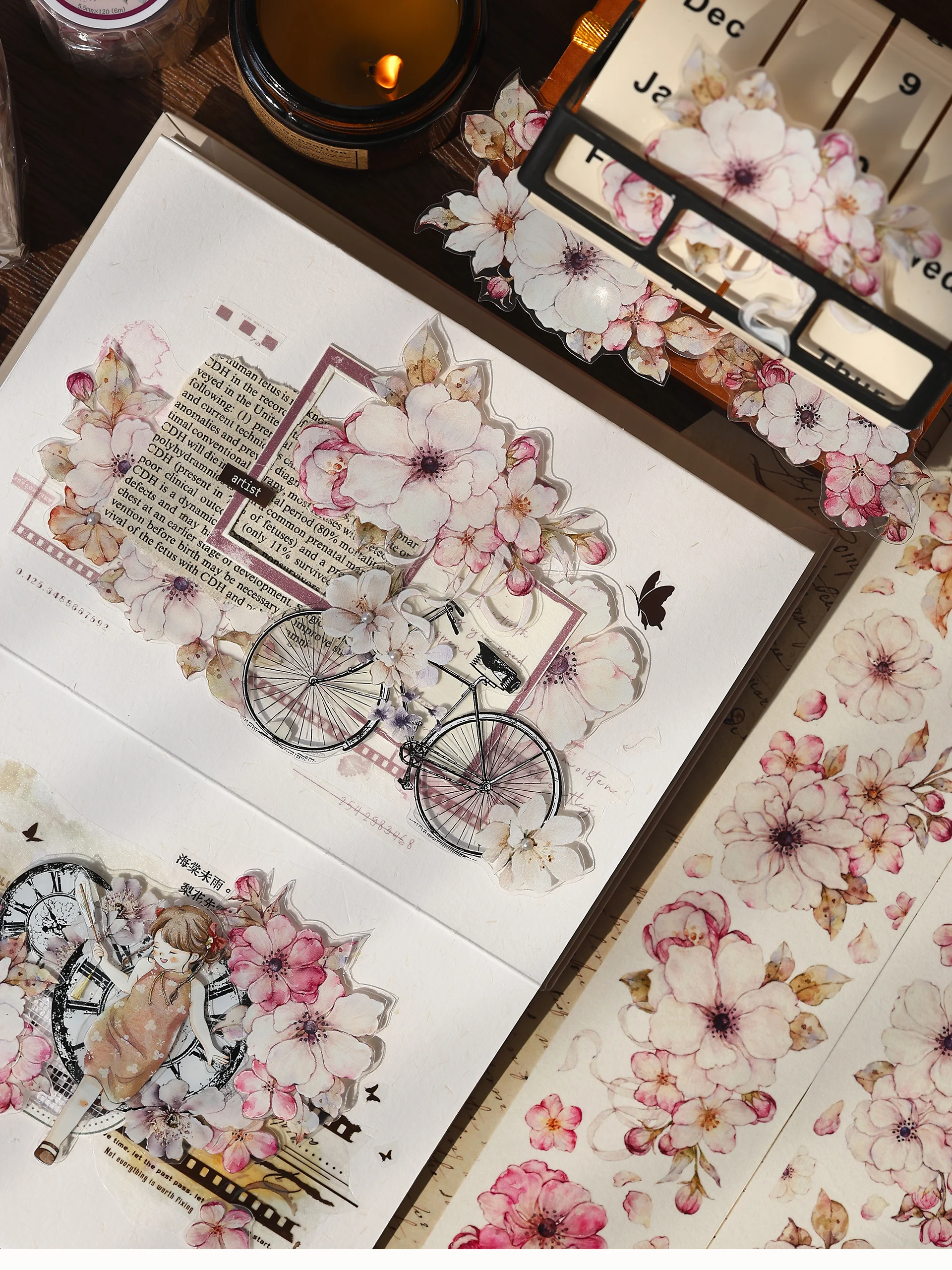 Taoyao Light Retro Pink and White Big Flower Washi PET Journal Sticker Goo Card Tape