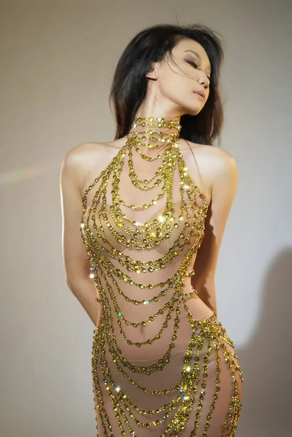 Women Luxury Sparkly Gold Rhinestone Transparent Mesh Long Dress Birthday Party gown sexy stage singer performance show costume